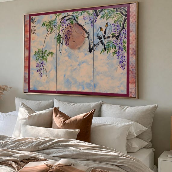 Lilac Japanese wisteria Japan art love birds Japanese style painting J180 original art stretched canvas acrylic paintings by artist Ksavera