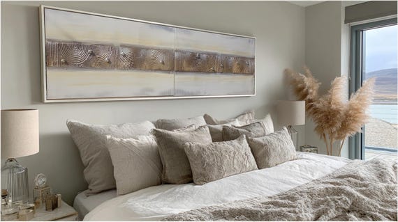Diptych Wall Art A214 Gold Stripe Cream Abstract - Textured paintings by Ksavera