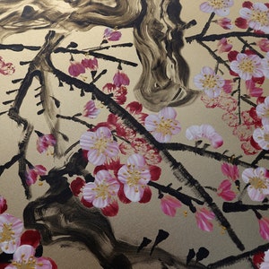 Cherry blossom Japanese style painting J337 Gold paintings Japan art stretched canvas acrylic wall art by artist Ksavera image 5