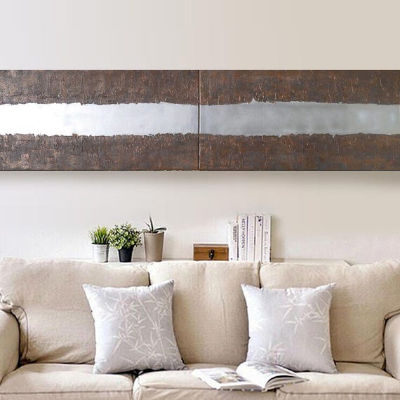 Abstract Painting silver stripe rusty iron vertical textured wall art A341 Acrylic Original Contemporary Art KSAVERA mid century modern art