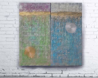 Gold stripe green blue Abstract Painting textured wall art A227-1 Acrylic Original Contemporary Art KSAVERA mid century modern art