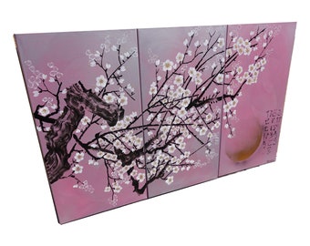 Japanese Sakura J277 - cherry blossom triptych - large original acrylic painting in silver and pink by the artist Ksavera.