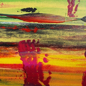 The image is a vibrant abstract painting with bold, colorful brushstrokes and splatters of paint. The painting features a mix of warm and cool colors, creating a dynamic and energetic composition.