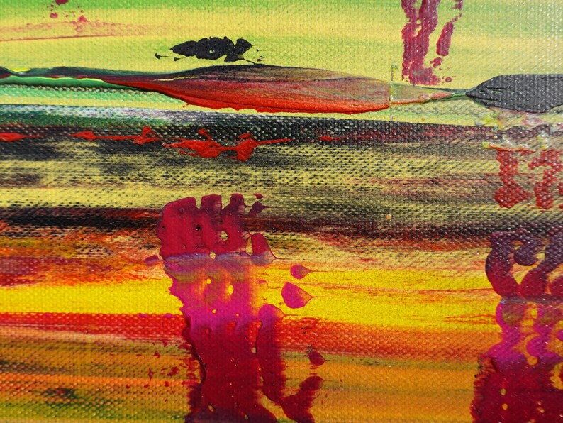 The image is a vibrant abstract painting with bold, colorful brushstrokes and splatters of paint. The painting features a mix of warm and cool colors, creating a dynamic and energetic composition.