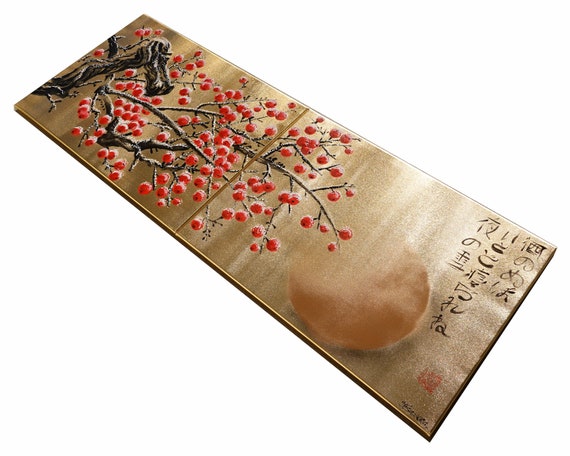 Gold paintings J327 - Snow Appletree - Japanese style painting stretched gold canvas Japan wall art by artist Ksavera