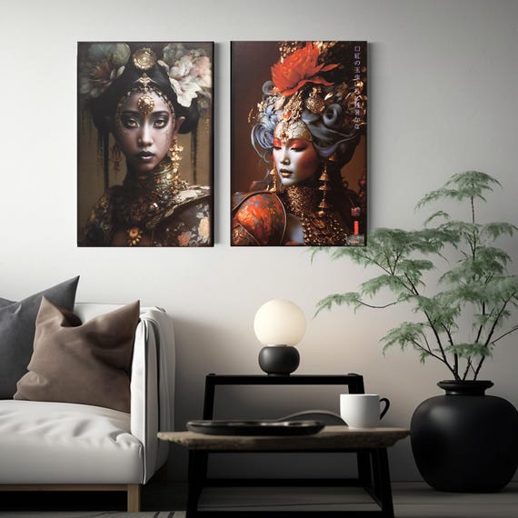 Japanese gold geisha DS0241 by artist Ksavera - set of 2 giclee prints on stretched canvas, black or gold edges. READY to HANG - diptych
