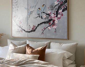 Japan art love birds Japanese style painting J186 Large paintings art stretched canvas acrylic paintings silver wall art by artist Ksavera