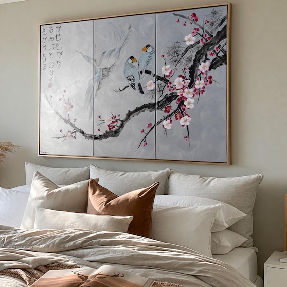 Japan art love birds Japanese style painting J186 Large paintings art stretched canvas acrylic paintings silver wall art by artist Ksavera