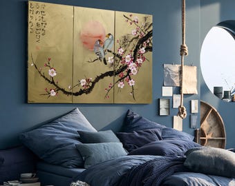 Japandi Triptych Painting J195 Cherry Blossoms and Love Birds in