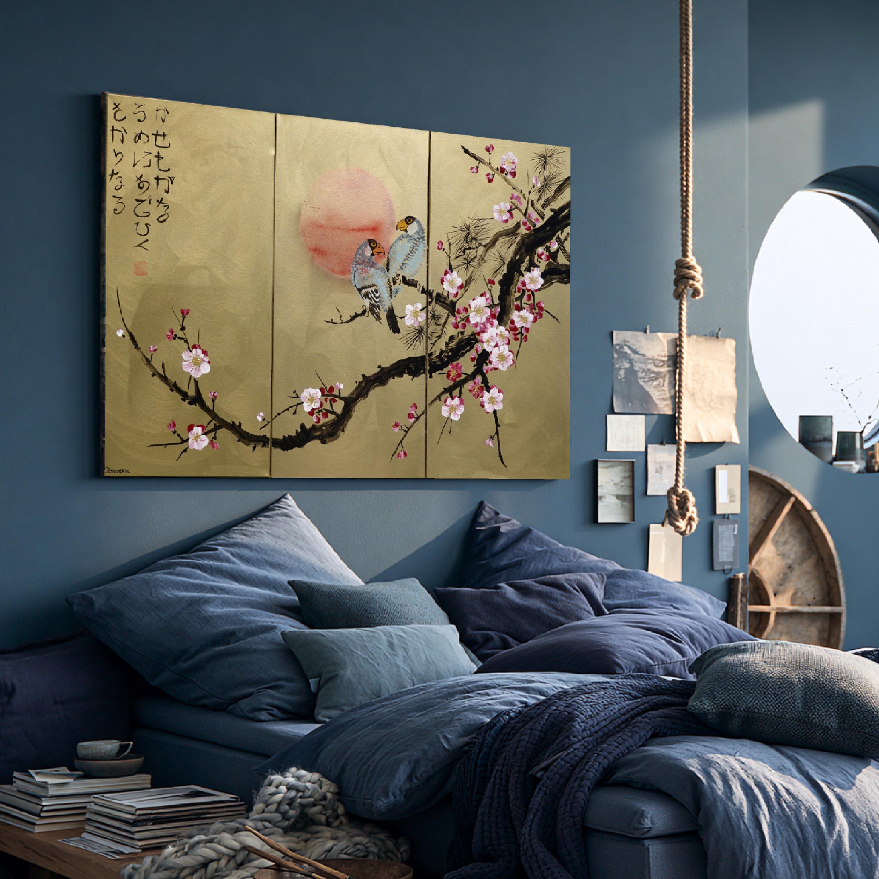 Japandi Triptych Painting J195 Cherry Blossoms and Love Birds in