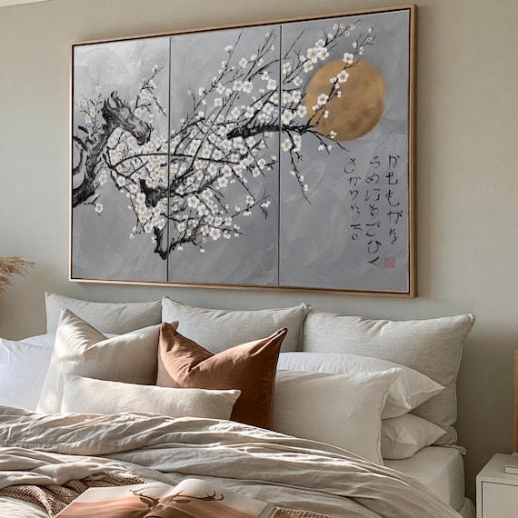 Japanese sakura J214 - large silver triptych, original art, japanese style paintings