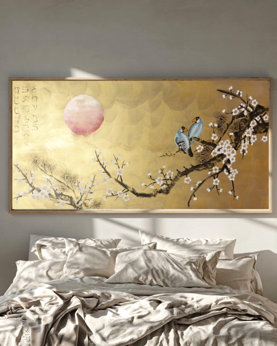 Original large painting - Love Birds and white Sakura J495 | Zen Horizontal Gold Japanese wall art | Ksavera