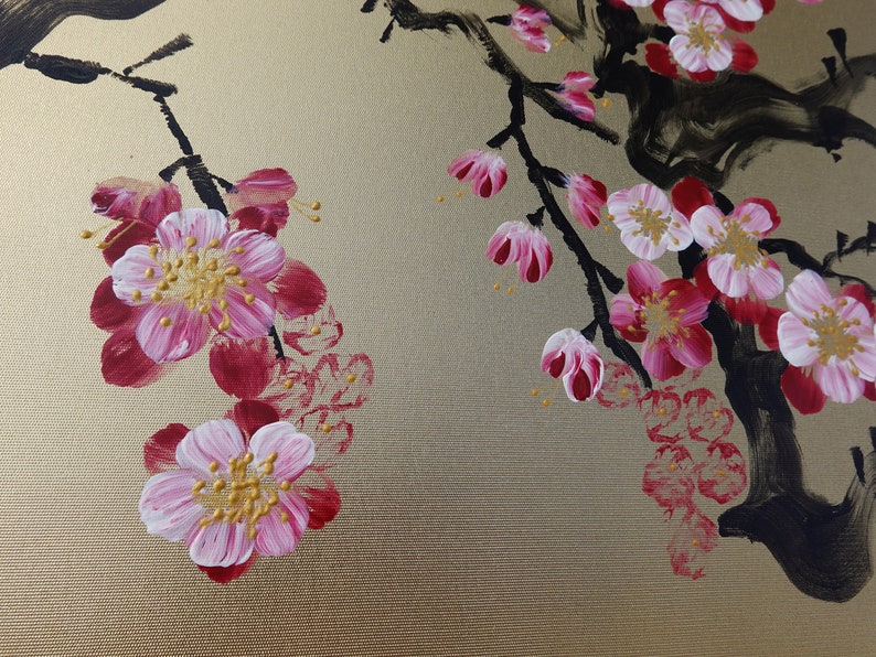 Cherry blossom Japanese style painting J337 Gold paintings Japan art stretched canvas acrylic wall art by artist Ksavera image 2