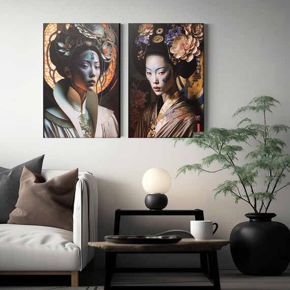 Japanese Geisha Canvas Prints DS0249 black or gold edges, Diptych by Ksavera