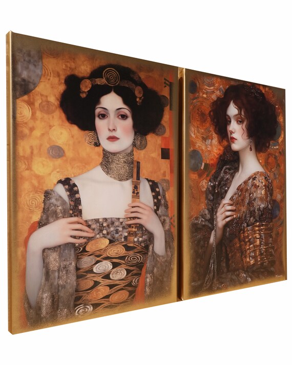 Belle Epoque DS0254 by artist Ksavera - set of 2 giclee prints on stretched canvas, black or gold edges. READY to HANG - diptych - Klimt