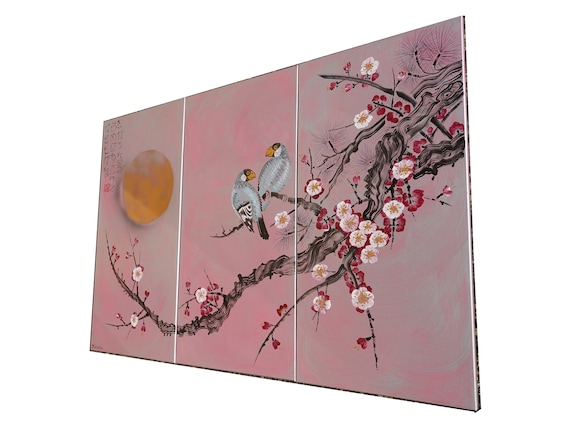 Japanese sakura J320 - triptych - Large paintings - Japan art - cherry blossom - love birds - acrylic paintings - wall art by artist Ksavera