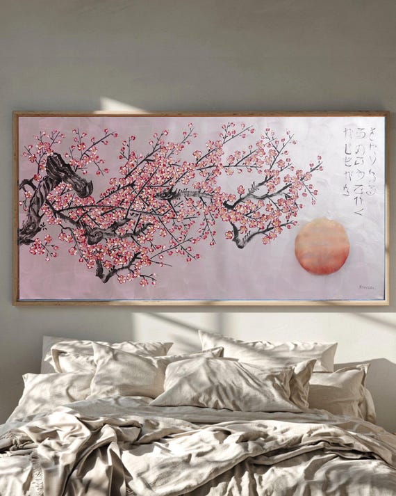 Cherry Blossoms J539 | Large Horizontal Silver Lilac Japanese Painting | Ksavera