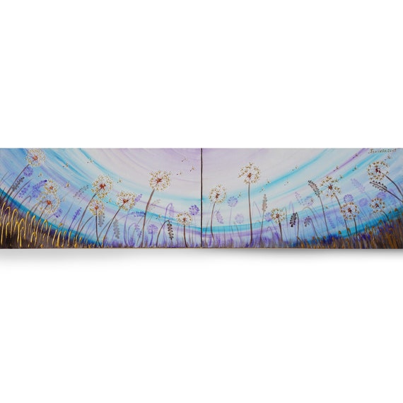 Dandelion wall Art Landscape Long Blue Floral Painting on canvas Original Abstract Flowers Acrylic Contemporary wall art meadow by Ksavera