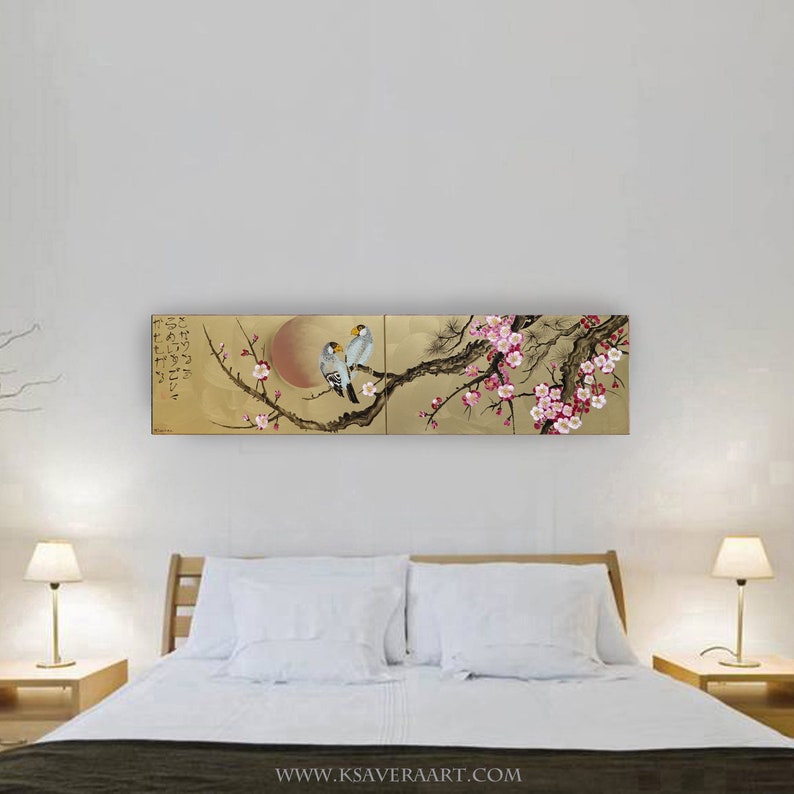 Long japanese paintings Japan art cherry blossom and sun Japanese style painting Sakura J247 acrylic paintings by artist Ksavera image 2