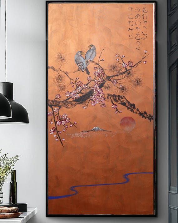 Japanese Birds J526 | Original Acrylic Painting on Large Canvas by Ksavera