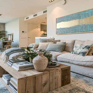 a modern and stylish living room with a large white sofa, a wooden coffee table, and various decorative elements such as potted plants, vases, and books. The room has a clean and minimalist design, with a large abstract painting on the wall and a large window providing natural light.