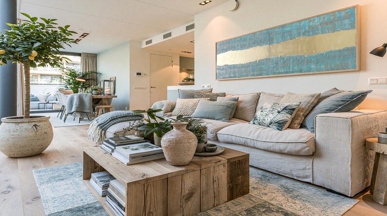 a modern and stylish living room with a large white sofa, a wooden coffee table, and various decorative elements such as potted plants, vases, and books. The room has a clean and minimalist design, with a large abstract painting on the wall and a large window providing natural light.