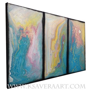 Blue fluid triptych A1118 Abstract art - pouring Paintings on canvas - Original Contemporary Large Acrylic painting by Ksavera