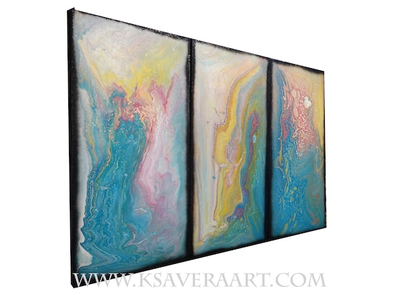 Blue fluid triptych A1118 Abstract art - pouring Paintings on canvas - Original Contemporary Large Acrylic painting by Ksavera