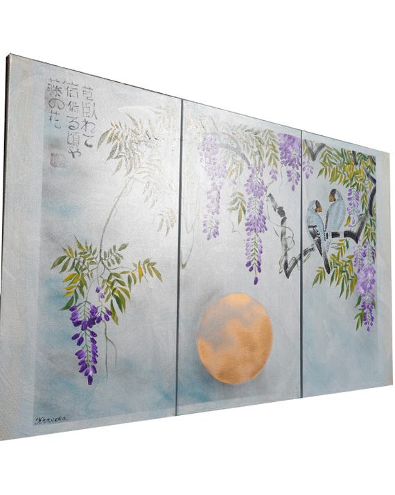 Japanese wisteria J287 by artist Ksavera - gold triptych, original japanese style paintings