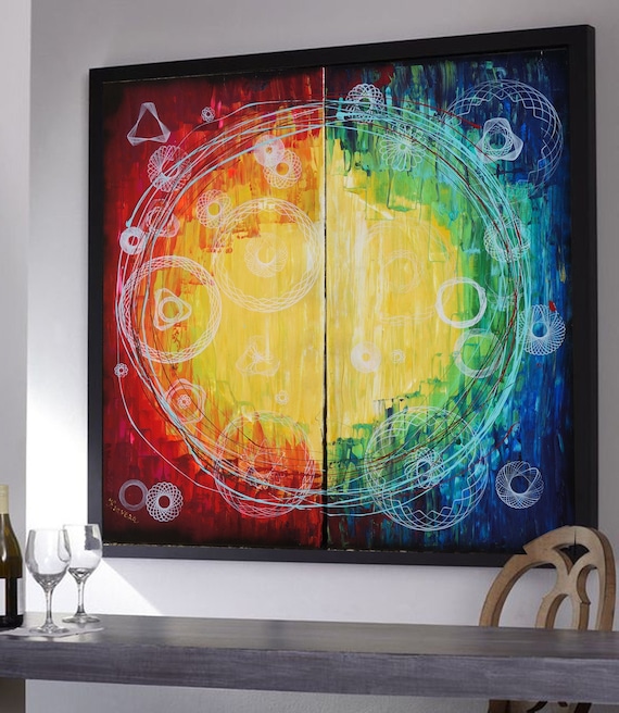 Rainbow abstract diptych Enso A311 100x100x2 cm modern wall art for living room set of 2 original paintings by artist Ksavera