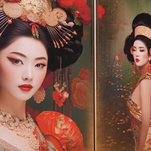 The image is a collage of two photographs featuring women dressed in traditional Asian attire, with intricate hairstyles and ornate jewelry.