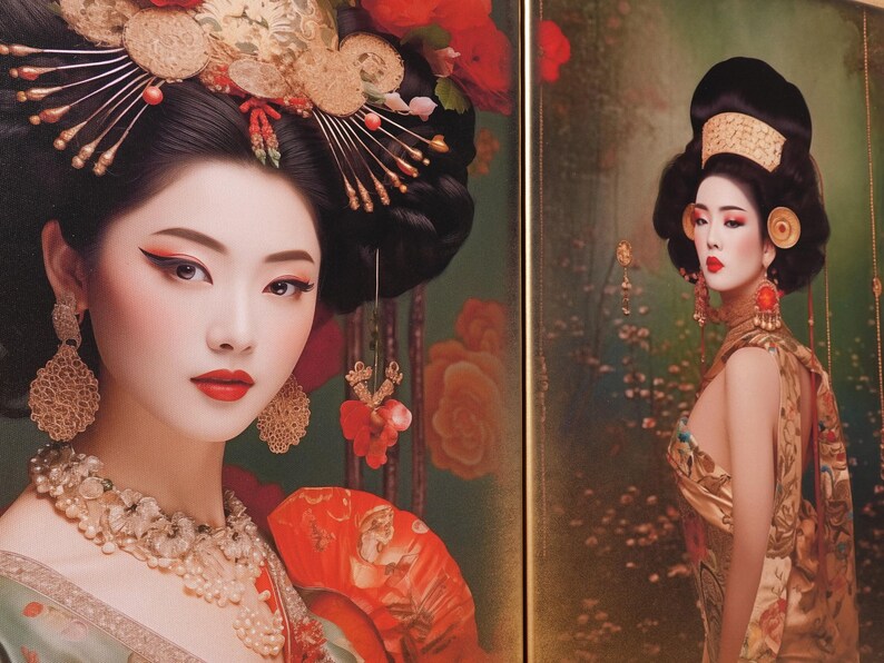 The image is a collage of two photographs featuring women dressed in traditional Asian attire, with intricate hairstyles and ornate jewelry.