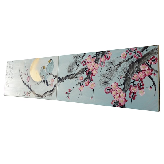 Cherry blossom and love birds - Japanese style painting J251 Large silver blue paintings Japan art canvas acrylic wall art by artist Ksavera
