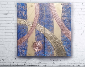 Blue Gold abstract textured diptych 100x100x2 cm modern wall art for living room set of 2 original acrylic paintings by artist Ksavera