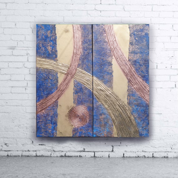 Blue Gold abstract textured diptych 100x100x2 cm modern wall art for living room set of 2 original acrylic paintings by artist Ksavera