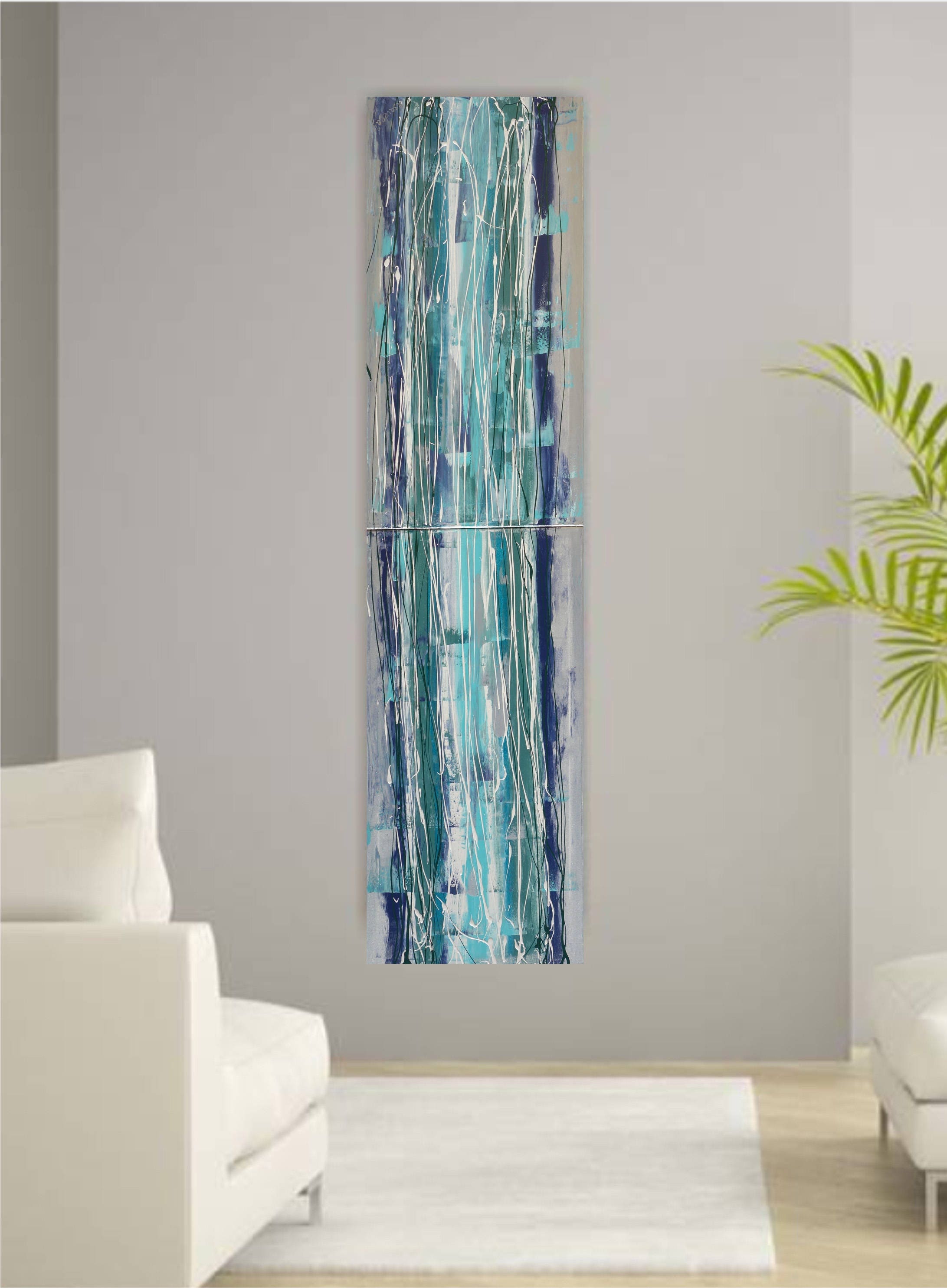 silver Abstract Painting diptych vertical textured wall art A205