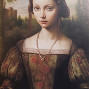 May include: A portrait painting of a woman with long brown hair, wearing a white headband and a green and brown dress with floral patterns. She is wearing a pearl necklace and has a serious expression on her face.