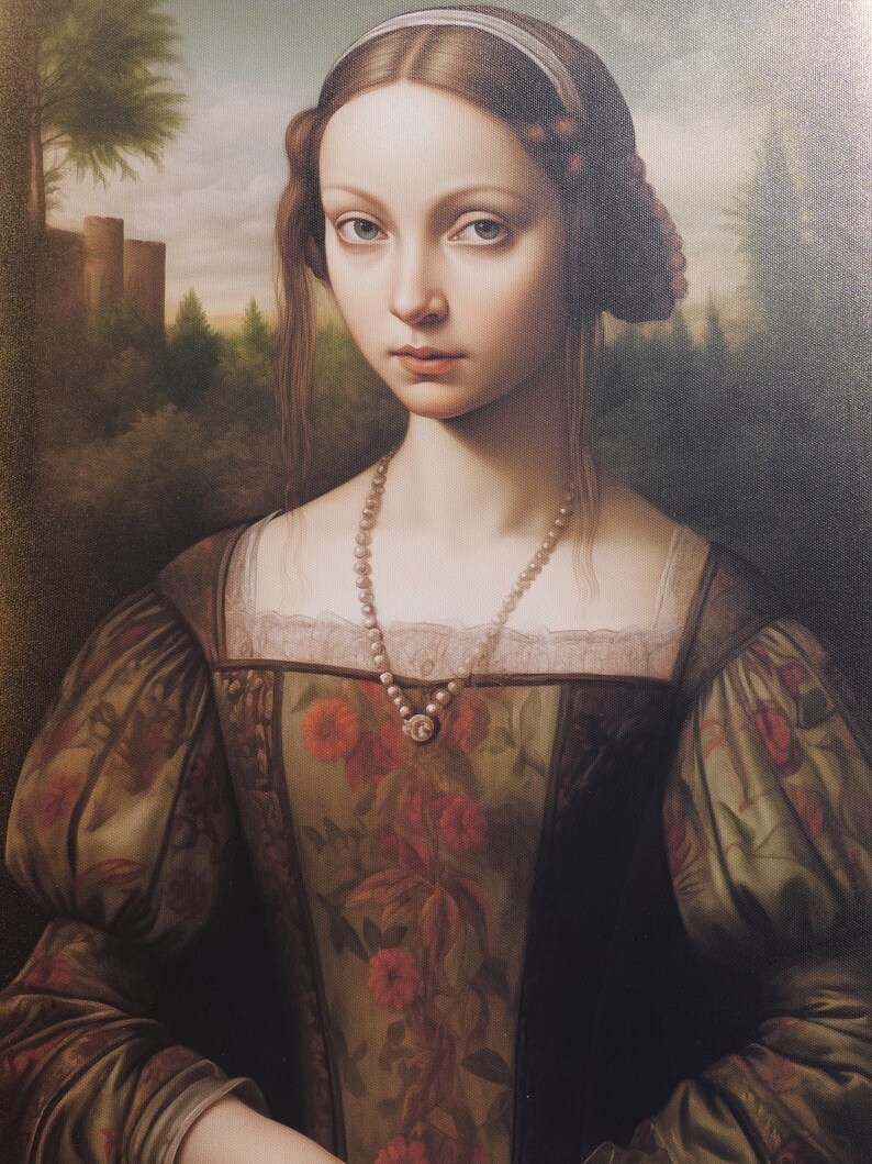 May include: A portrait painting of a woman with long brown hair, wearing a white headband and a green and brown dress with floral patterns. She is wearing a pearl necklace and has a serious expression on her face.