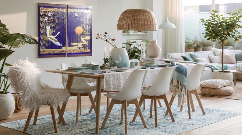 Puede incluir: Un conjunto de comedor con mesa de madera clara, cuatro sillas blancas con patas de madera y una silla de piel sint&eacute;tica blanca. La mesa est&aacute; puesta con un camino de mesa blanco, un jarr&oacute;n degradado azul, cristaler&iacute;a y platos bajo una l&aacute;mpara.