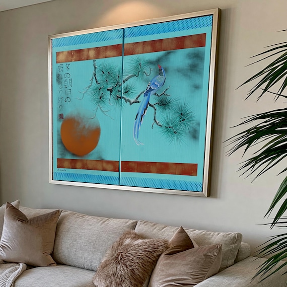 Japanese bird J349 - turquoise diptych, original art, japanese style paintings by artist Ksavera