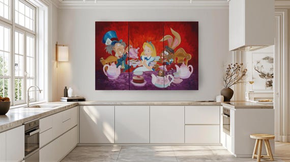 Alice in Wonderland Acrylic Painting F143 Mad Tea Party, XXL Orange Canvas by Ksavera
