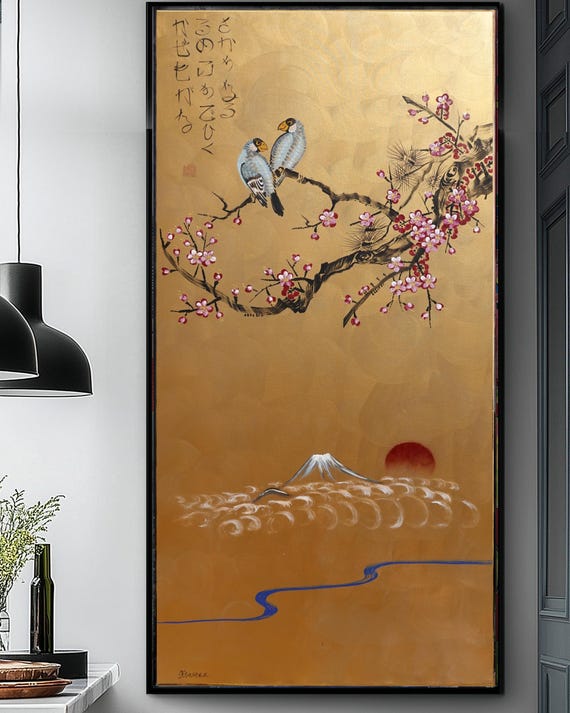 Japanese Sakura J518 | Original Acrylic Painting on Large Canvas | Gold Wall Art by Ksavera