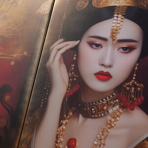 May include: A woman with dark hair and red lips wears a gold headpiece and a gold necklace with red beads. She is wearing heavy gold earrings and has a red and gold makeup look.