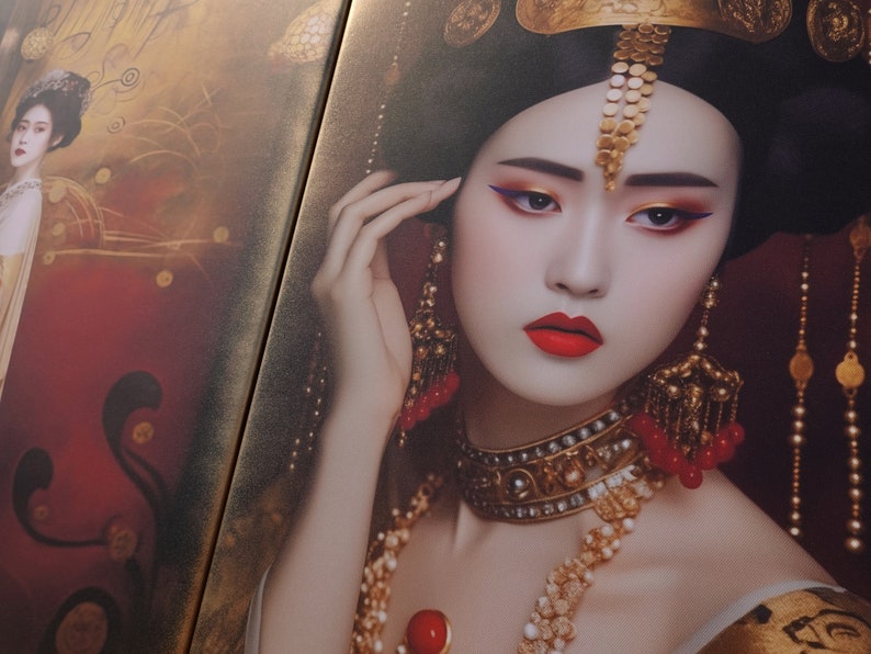 May include: A woman with dark hair and red lips wears a gold headpiece and a gold necklace with red beads. She is wearing heavy gold earrings and has a red and gold makeup look.