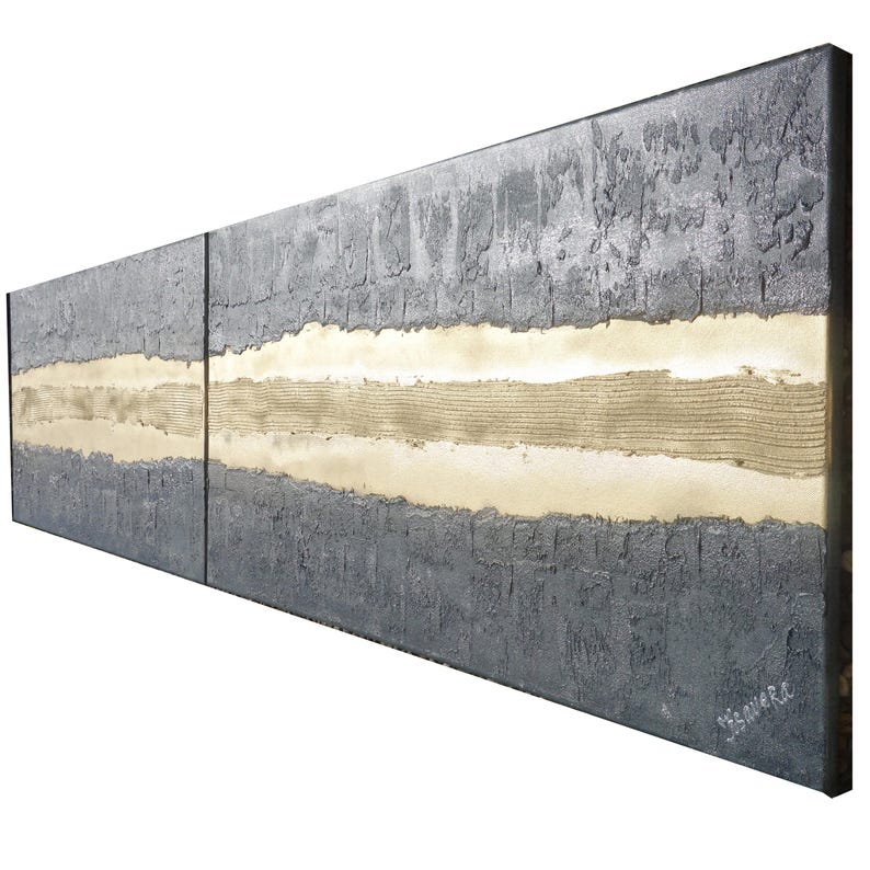 The image is a large, rectangular painting with a textured, metallic surface. The painting features a horizontal line running across the center, with a darker gray color on the left side and a lighter gray color on the right side. The painting appears to be a modern art piece, with a unique and striking design.