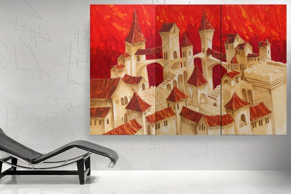 Surrealism old town orange paintings 120x180x4 cm XXL office decor S038 original art by Ksavera