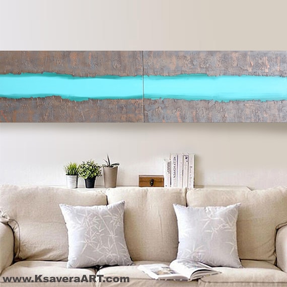 Turquoise rusty iron Abstract Painting vertical textured wall art A148 Acrylic Contemporary Art Lounge Office above sofa by artist Ksavera