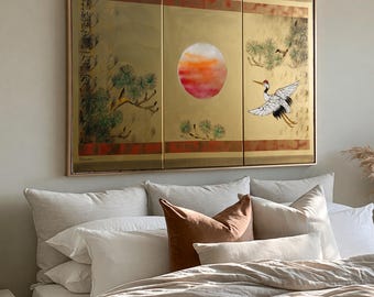 Japanese style painting - Crane J413 - Gold paintings - Japan art - acrylic paintings on stretched canvas - triptych art by artist Ksavera