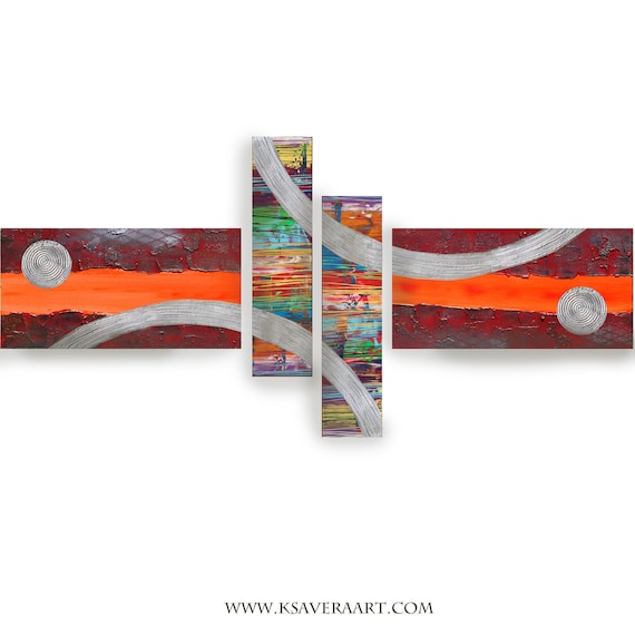 Silver red rainbow Abstract Set 4 piece paintings  art A2011/01 Abstract textured Painting Acrylic Contemporary Art by artist Ksavera