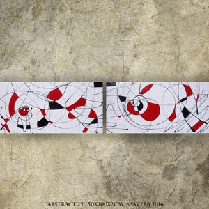The image is an abstract painting featuring bold red and black lines and shapes on a white background.